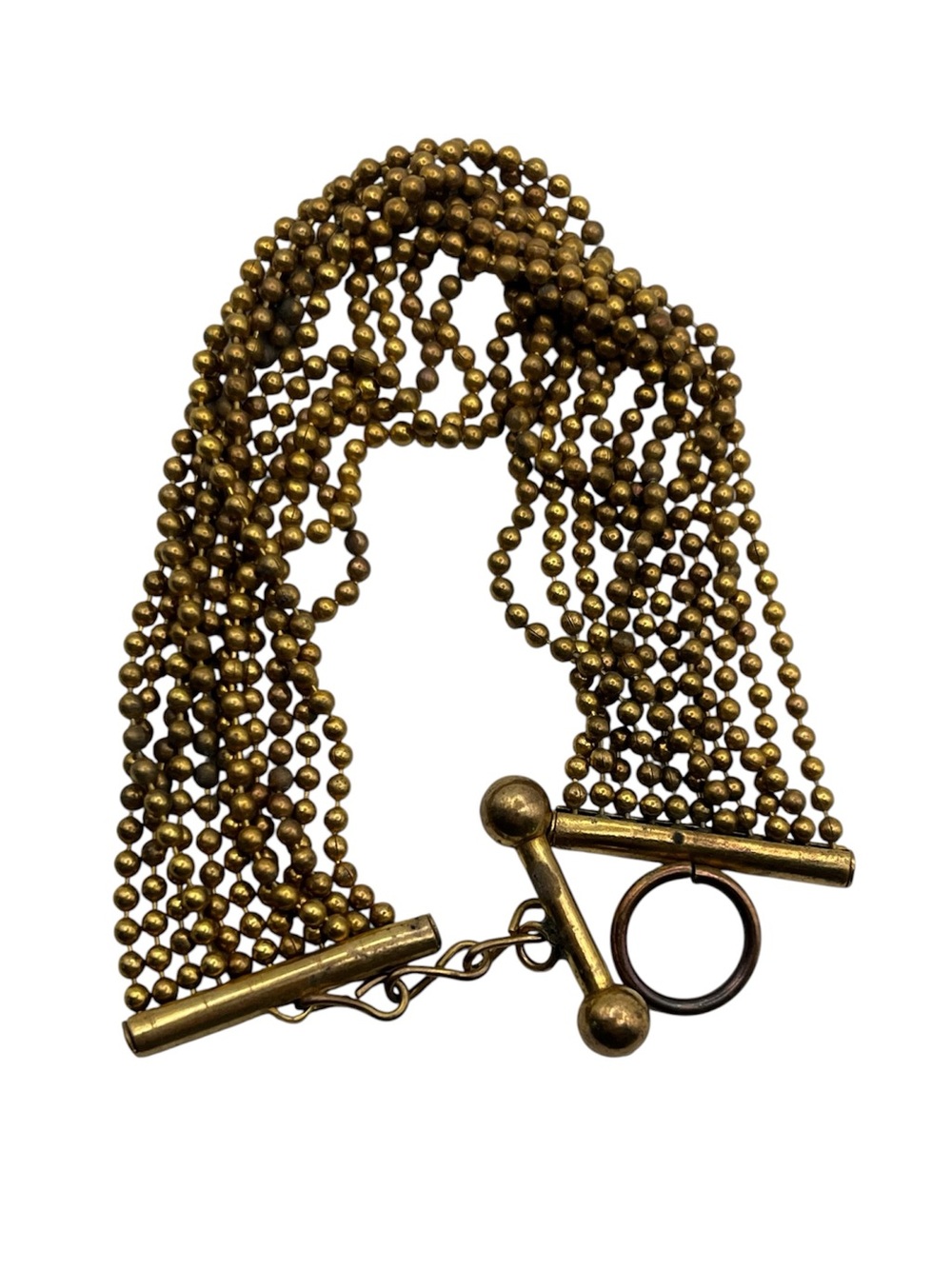 Art Deco multi strand gold tone ball beaded chain bracelet toggle clasp vintage